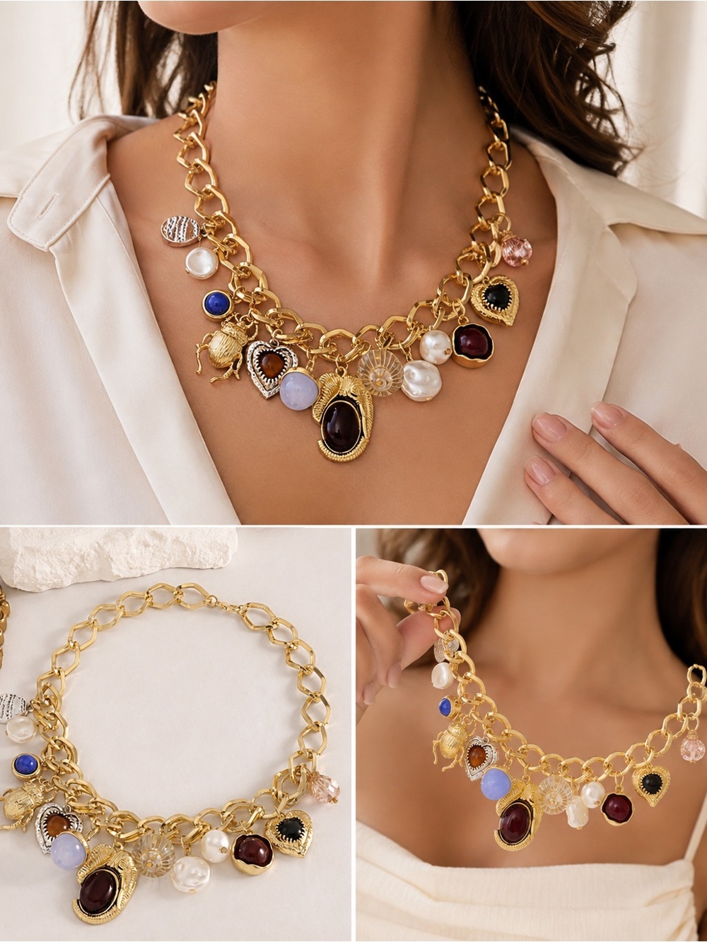 Vintage-Inspired Gold-Tone Multicolor Charm Statement Necklace